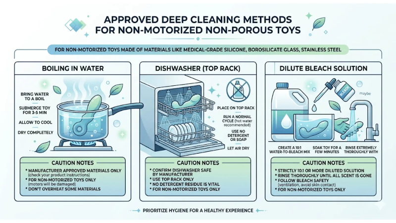 Deep cleaning methods for non-motorized non-porous sex toys including boiling and dishwasher cleaning Deep cleaning methods for non-motorized non-porous sex toys including boiling and dishwasher cleaning