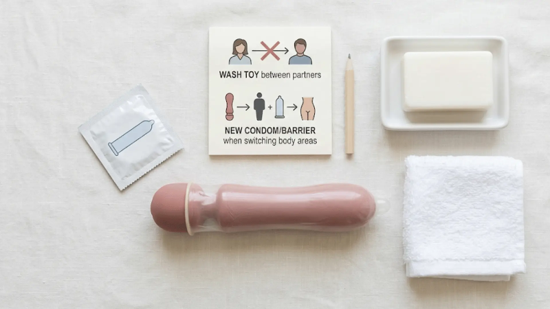 Shared sex toy hygiene with condom barrier and washing between partners Shared sex toy hygiene with condom barrier and washing between partners