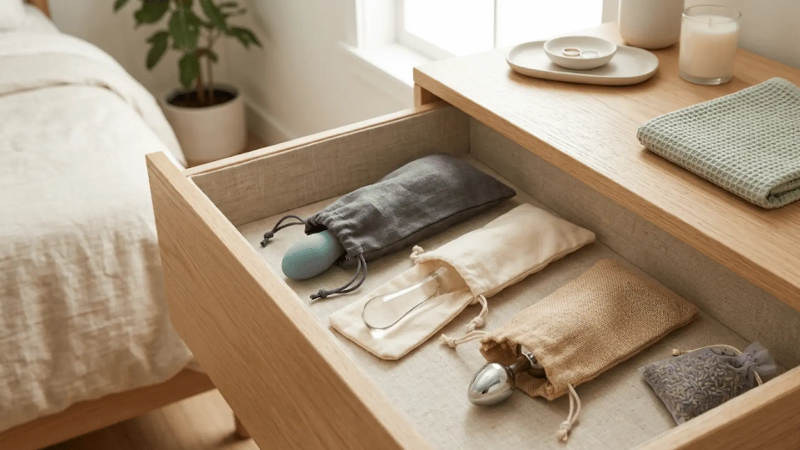 Proper sex toy storage using separate breathable fabric pouches Proper sex toy storage using separate breathable fabric pouches